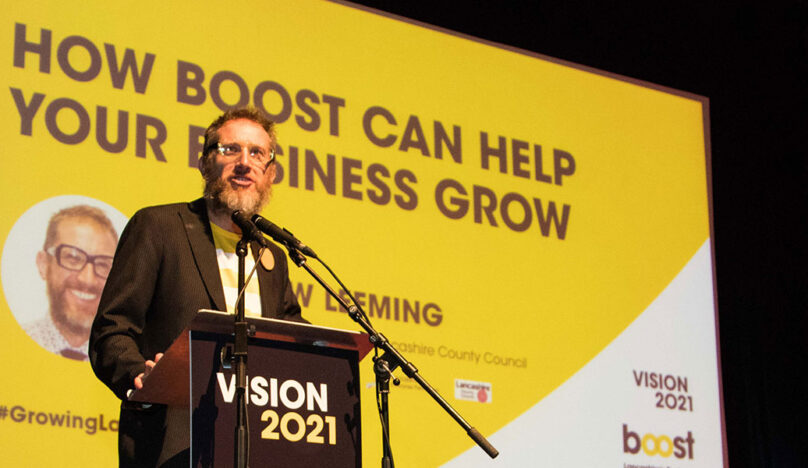 Boost programme manager Andrew Leeming making a speech vision 2021 closeup