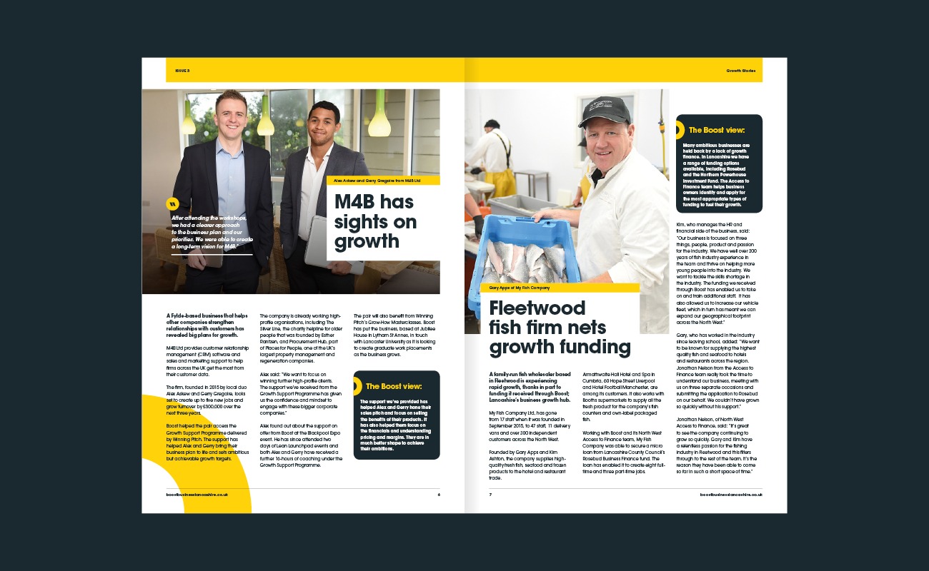 Inside pages of Boost Growth Stories M4B and Fleetwood Fish