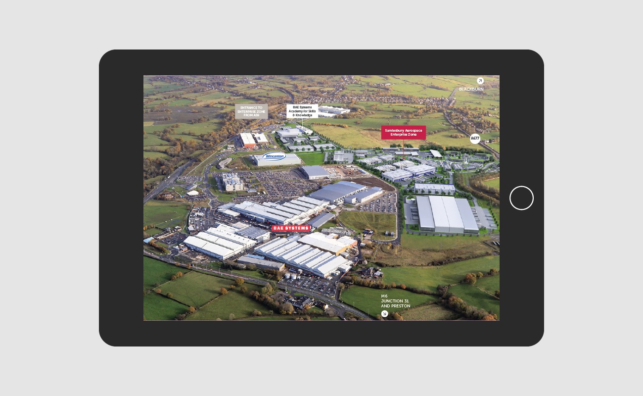 Drone image of BAE Systems Samlesbury prestoned on mock iPad