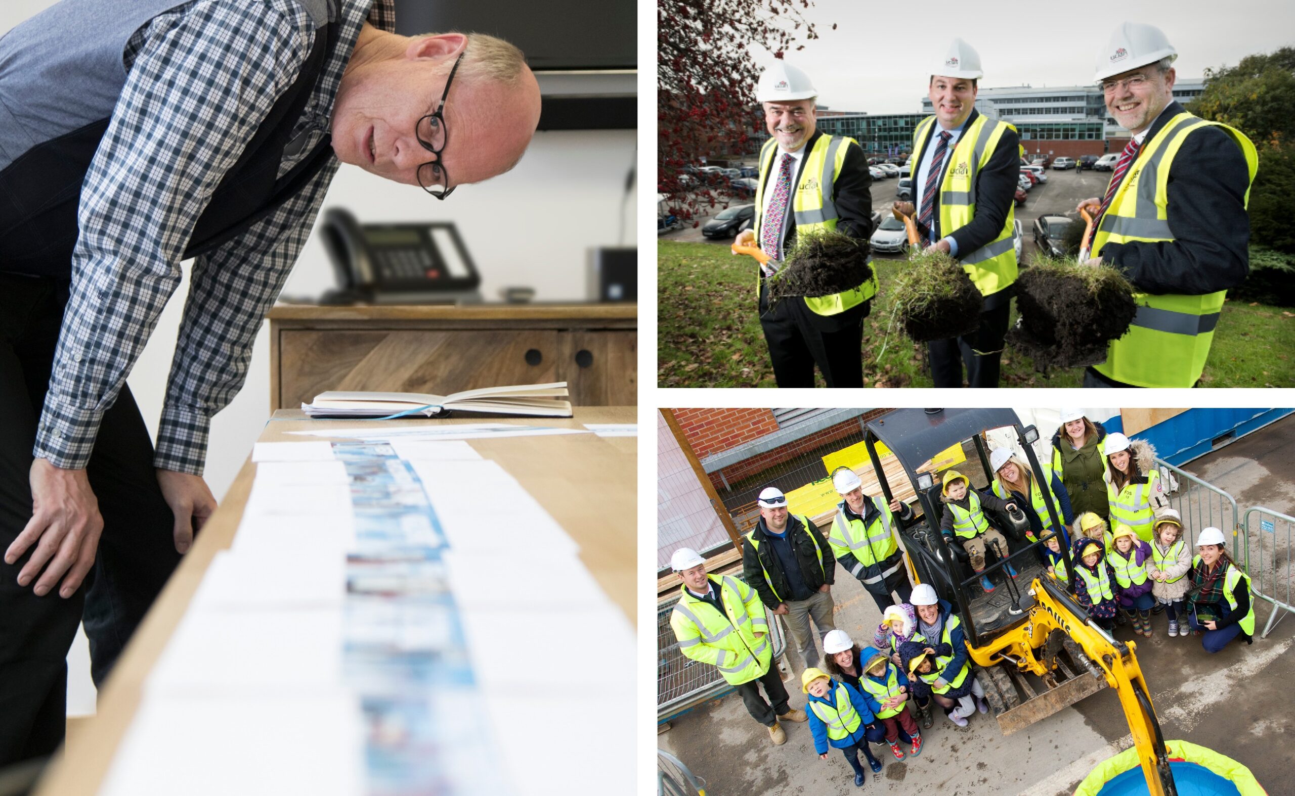 UCLan Masterplan montage planning, digging and children with digger